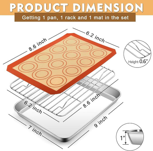 P&P CHEF 9 Inch Baking Oven Sheet Pan with Rack & Mat for Cookie, Stainless Steel Oven Sheet Tray Cooling Rack and Silicone Mat for Baking & Roasting, Dishwasher Safe & Healthy, 3Pcs