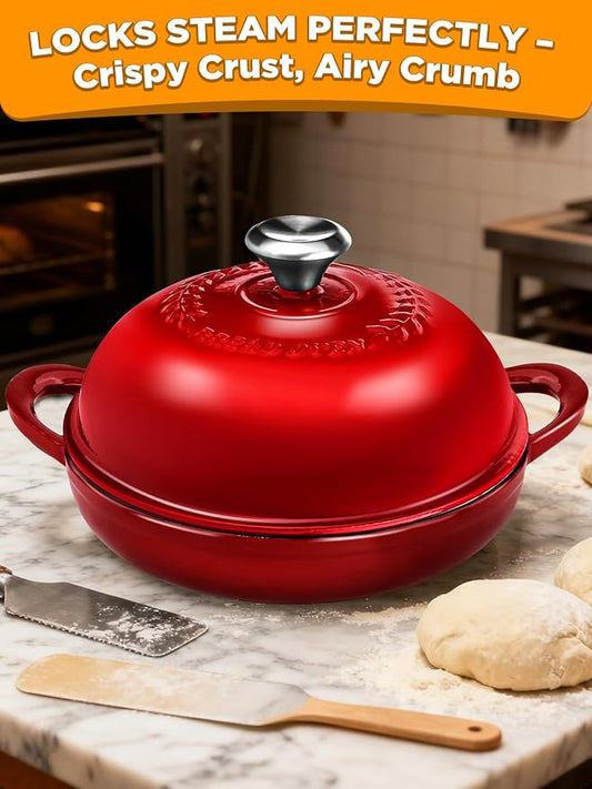 Dutch Oven Bread Baking Pot with Lid 6QT Enameled Cast Iron Oven, Gradient Red Design & Complete Sourdough Kit (Banneton Basket, Dough Tools, Silicone Sling) for Artisan Bread Making