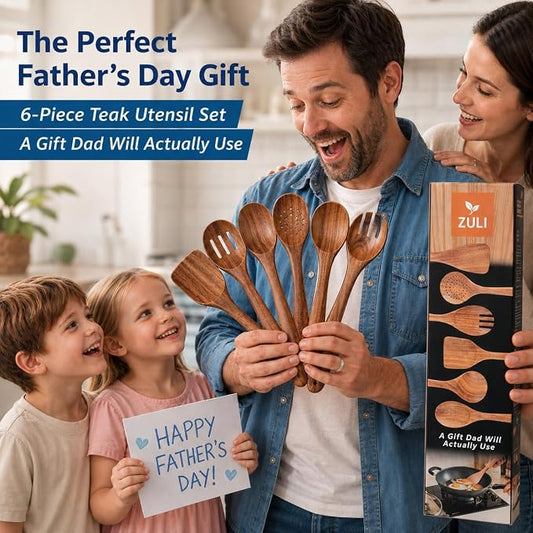 6-Piece Teak Wooden Cooking Utensil Set โ Wooden Spoons & Spatulas for Nonstick Cookware, Non-Toxic Eco-Friendly Kitchen Toolsโ Ideal Father Day Gift for Dad!