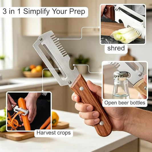 2-Pack MultiFunctional Vegetable Peeler, 3 in 1 Multi Functional Wooden Handle Peeler and Bottle Opener, Kitchen Gadgets Tool for Fruit Pumpkin Peeling Potato Carrot Veggie Peeler