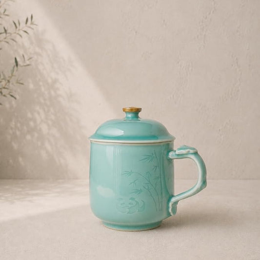 Panda Bamboo Relief Ceramic Tea Mug with Lid, 12oz Handmade Longquan Celadon — Loose Leaf Tea Cup, Cute Unique Gift for Women, Tea Lovers Gift, Gift Box
