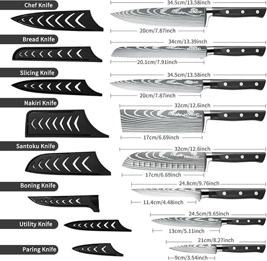 MDHAND Chef Knife Set with Roll Bag, 9PCS Professional Knife Set with Sharpener, High Carbon Stainless Steel Japanese Kitchen Knife Set - Forged Triple Rivet Handle, Dishwasher Safe, Chef Gifts, Black