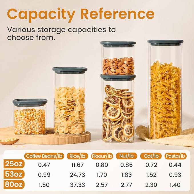 Square Glass Food Storage Jars with Lids Set of 5, Perfect for Pasta, Cookies, Nuts, Coffee, Cereal, Flour,Organize Your Kitchen with these BPA-Free Glass Jars with Silicone Lids