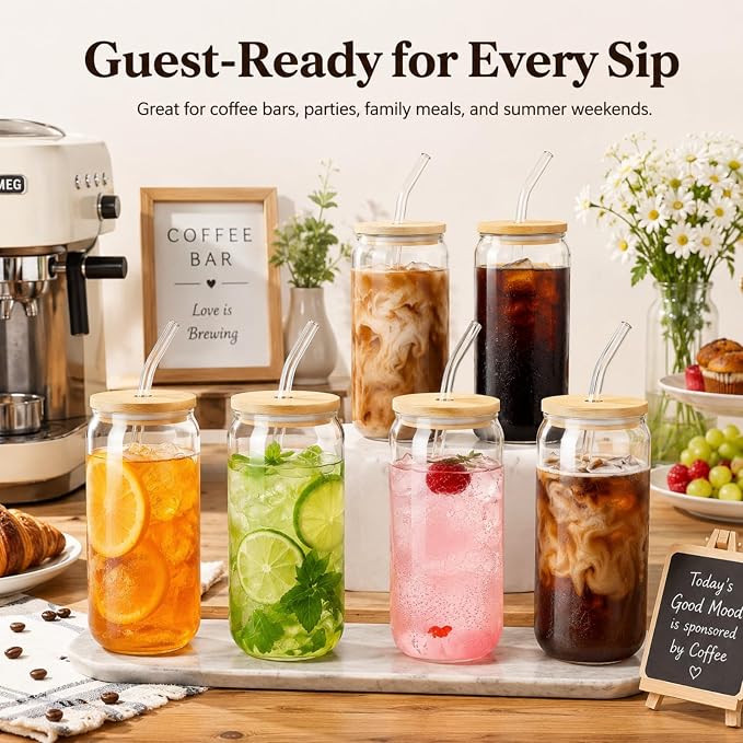 Glass Cups with Lids and Straws Set of 16, 16 oz Can Glasses with Bamboo Lids and Glass Straws, Iced Coffee Cups for Beer, Tea, Soda, Summer Hosting, Parties, Family Gatherings and Coffee Bar