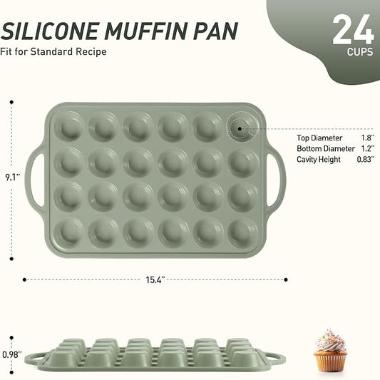 Socisen 24 Cups Silicone Muffin Pan with Metal Reinforced Frame Mini Size Cupcake Pan Tray Egg Bites Silicone Circle Cookie Molds Little Small Muffin Tin Tart Pans Baking Sheet Set for Sandwiches