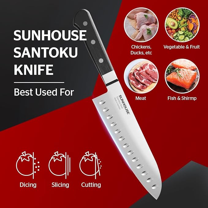 Sunhouse 7 Inch Santoku Knife - Japanese AUS-8 High Carbon Steel Professional Chef Knife - Kitchen Gadgets 2026, Apartment Essentials, Mothers Day Gift for Mom Wife Her