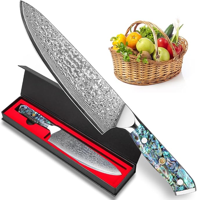 KEENZO Damascus Chef Knife 8 inch, Professional Kitchen Knives,Sharp Japanese Chef's Knife, Hand Forged 67-Layer Damascus Steel Cooking Knife, Ergonomic Abalone Shell handle with Gift Box