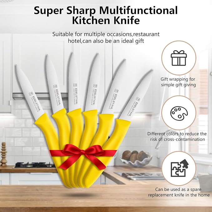 Paring Knife,Stainless Steel Paring Knives Set of 6,Super Sharp Vegetable&Fruit Knife,Straight Edge Paring Knifes,PP Plastic Ergonomic Handle,Yellow Peeling Knifes