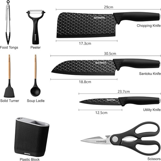 Gooda Knife Set with Block,9 Pieces Kitchen Knives and Heat Resistant Silicone Kitchen Utensils Set with Wooden Handle,Ideal Cooking Tools for Kitchen