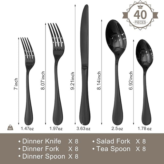 KINGSTONE 40 Piece Teardrop Silverware Set for 8, 18/10 Stainless Steel Flatware Set, Modern Design Cutlery Set for Home/Hotel/Wedding,Mirror Polished and Dishwasher Safe, Black
