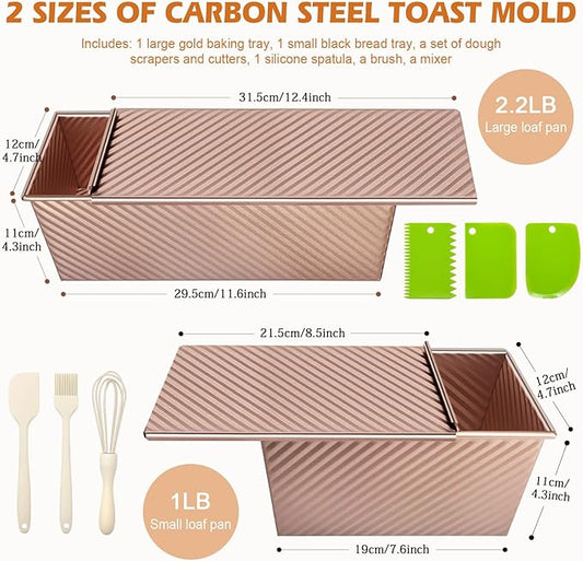 2Pack Loaf Pans with Lids โ 2.2 LB & 1 LB Dough Capacity, Non-Stick Carbon Steel Bread Pans for Homemade Sandwich and Sourdough Bread, Corrugated Toast Mold