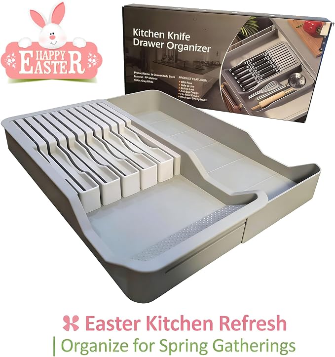 Expandable Drawer Knife Insert Organizer - Plastic Knife Storage Tray for Kitchen Drawers, Adjustable to Fit 11 Knives, BPA-Free, Ventilated, Space-Saving, Easy to Clean