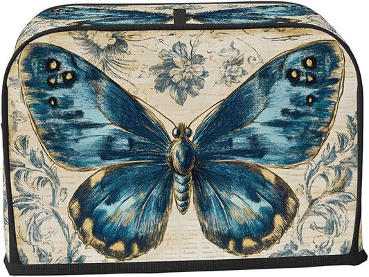2 Slice Blue Butterfly Vintage Toaster Cover Waterproof Dust Fingerprint Bread Machine Cover Washable Kitchen Appliance Protector For Home Kitchen Bakeware Table Decor Women Gifts