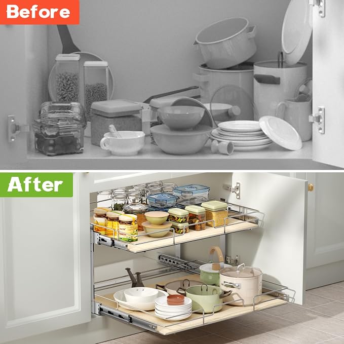 ROOMTEC 2 Tier Individual Pull Out Cabinet Organizer 22½"W x 21½"D, Slide Out Wood Shelves Organizers, Pull Out Drawers Organization and Storage for Kitchen Cabinet