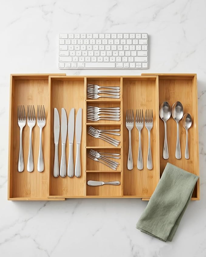Expandable Bamboo Silverware Drawer Organizer – Adjustable 29" Wide Wooden Utensil Tray with 9-Compartments, Large Kitchen Flatware & Spoon Holder, Natural Solid Wood for Drawers