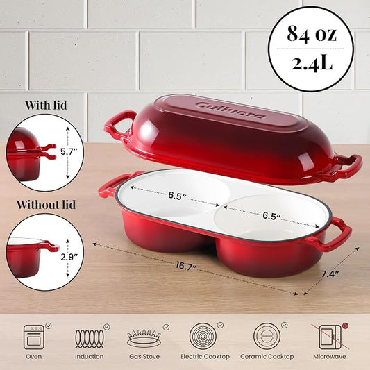 Cast Iron Bread Pan with Lid, Mini Enamel Sourdough Baking Dutch Oven Pot, Double Round Loaf Space for Homemade, Bread, Cake, Meatloaf, 16.5cm Diameter, 500ยฐF Oven Safe, Non Stick, Red