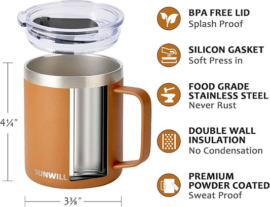 SUNWILL Insulated Coffee Mug with Lid, Travel Tumbler with Handle, 14 oz Stainless Steel Cup for Camping, Office, Home, Powder Coated Caramel