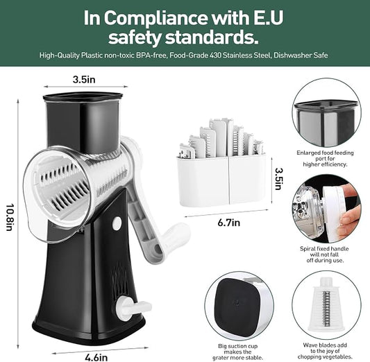 APSARAS USA Cheese Grater Hand Crank, Rotary Cheese Grater, 5 in 1 Rotary Grater, Cheese Shredder Replaceable Stainless Blades with Strong Suction Base, Easy to Clean Kitchen Gadgets with Storage Box