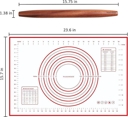 Muso Wood French Rolling Pin and Silicone Baking Mat Set, Sapele Wooden Rolling Pin 15.75 Inch and Tapered Roller for Fondant, Pie Crust, Cookie, Pastry