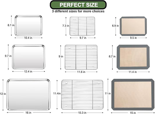 Baking Sheet Tray Cooling Rack with Silicone Mat Set, Stainless Steel Cookie Pan For Oven, Set of 9 (3 Sheets + 3 Racks Mats), Warp Resistant & Heavy Duty & Easy Clean, Grey