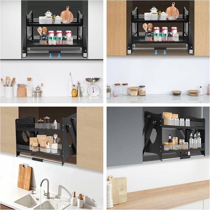 Pull Down Cabinet Organizer, 2-Tier Lowering Basket for 27.95-29.13" Wide Cabinet, 22 lbs Capacity Tempered Glass Pull-Out Kitchen Storage Shelf, Soft Close Damping, 29.13*10.63*20.47in Black