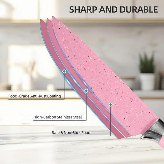 TJ POP Kitchen Knife Set with Peeler and Scissors, 6 PCS Rustproof Sharp Chef Knives Set with Food Grade Non-Stick Coated Stainless Steel Blades, Cute Pink Knife Set for Home Restaurant Camping BBQ