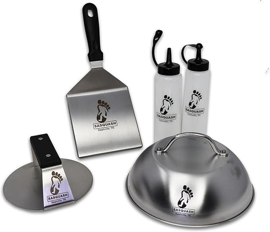 Sasquash Burger Press Kit, 5 Piece Smash Burger Set, Smash Burger Press, Spatula, Melting Dome and 2 Squirt Bottles for Griddle and Grill, Stainless Steel, Kitchen Gadgets, Grilling Accessories