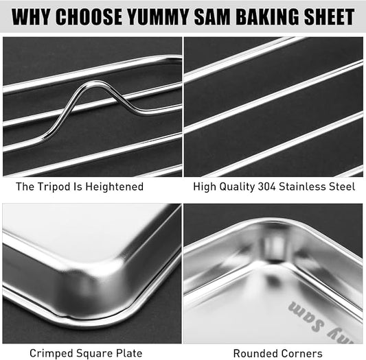 Yummy Sam Baking Sheet With Rack Set Including 3 Pans and 3 Racks Stainless Steel Cookie Sheet Baking Pans With Cooling Rack for Oven Heavy Duty Food Grade Rust Free Stainless Steel Half Sheet