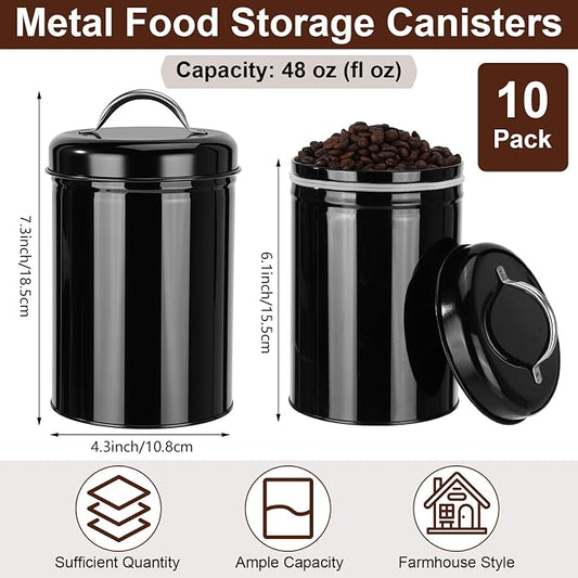 LemonRoad 10 Pack Metal Food Storage Canisters with Handle Lid 48 oz Airtight Black Coffee Container Farmhouse Kitchen Jar for Coffee, Tea, Sugar, Cookie, Flour, Pantry & Countertop Organization