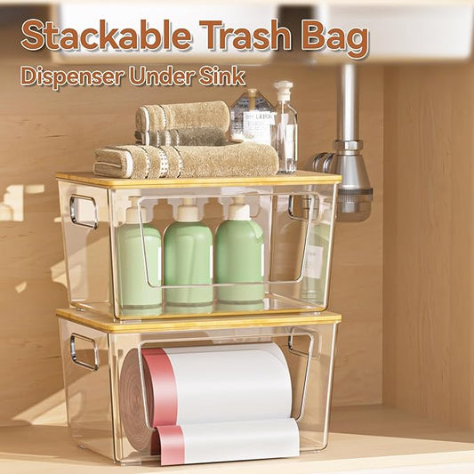 spospo Trash Bag Holder with Bamboo Lid, Stackable Trash Bag Dispenser, Extra Large Storage for Kitchen Laundry Room Under Sink (1Pack)