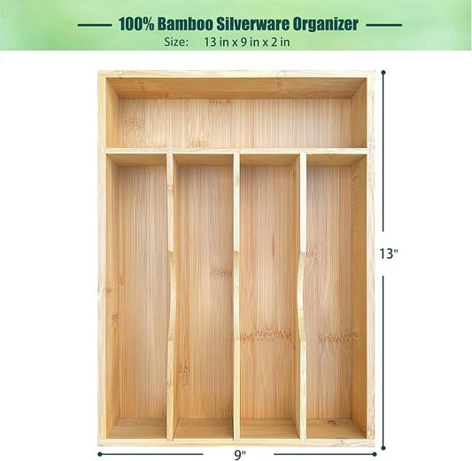 guiogc Bamboo Kitchen Drawer Silverware Organizer, 9 Inch Silverware Utensils Tray Holder for Small Drawer, Cutlery Tray, Wood Caddy for Flatware Cutlery Knives 5-Slots