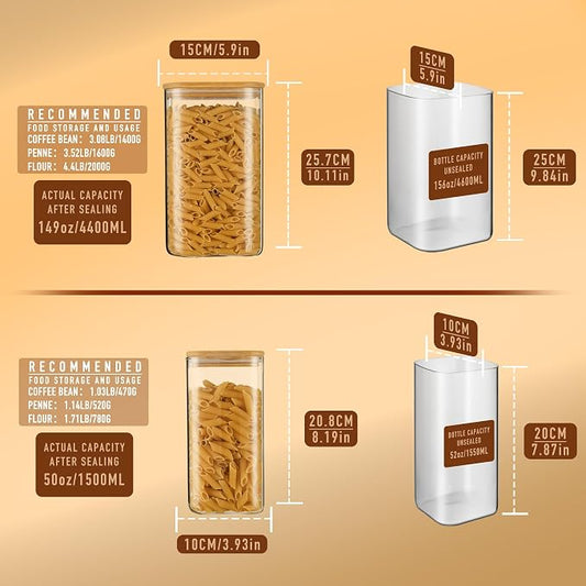 D2scrma 149oz 50oz Airtight Glass Square Storage Canister with Bamboo Lid Set of 2(4400ml*1 1500ml*1) Large Gallon Glass Jars for Sugar, Flour, Cookies and Coffee beans (with Black Lable)