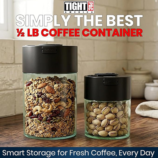 COFFEEVAC Pump It Out Airtight Coffee Container – Vacuum Storage Container for Ground Coffee Beans – Patented Vacuum Seal with Degassing Valve, 1/2 lb, Black/Clear