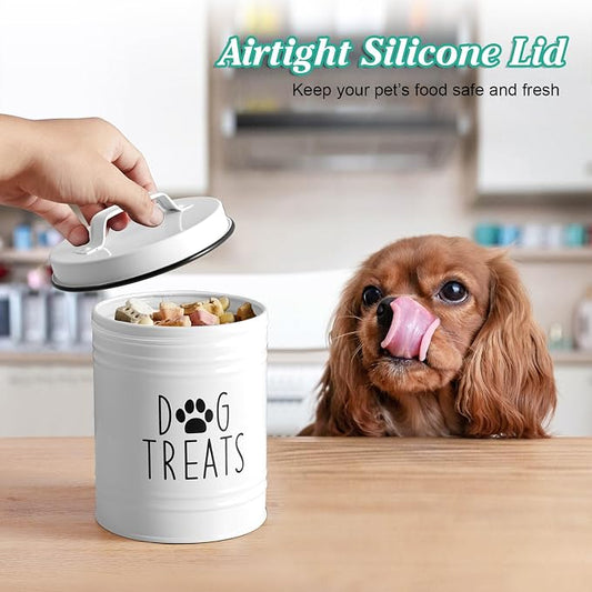 OUTNILI Small Dog Treat Container Airtight - 6" Tall X 4.9" Round White Dog Treat Jar for Kitchen Counter - Rustic Treat Storage Canister for Dogs, Cats, Small Animals - Gifts for Pet Owners