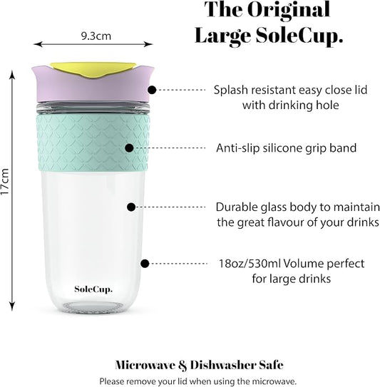 Large Travel Mug - Reusable Glass Coffee Mug - 18oz/530ml BPA-Free Hot Drink Travel Mug with Lid & Silicone Band (Ice Cream, 18oz)