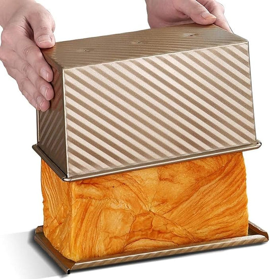Pullman Loaf Pan with Lid, Non-Stick Bakeware Golden Corrugated Carbon Steel Bread Toast Box Mold with Cover for Baking Bread, 1 lb Dough Capacity