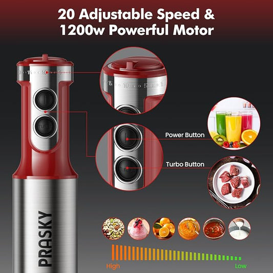 Immersion Blender Handheld 1200W, 5-in-1 Hand Blenders, 20 Speeds Hand Mixer, Stainless Steel Blades, Milk Frother Wand, Whisk, Beaker, Suitable for Kitchen, Protein Shakes and Baby Food (Red)