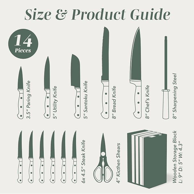 COOK WITH COLOR 14 Pieces Kitchen Knife Block Set, Knives for Kitchen, Forged Cutlery with Razor-Sharp High Carbon Steel Blades, Magnetic Block