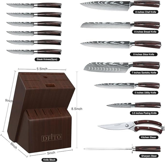 Dfito Kitchen Knife Set, 15 Pieces Knife Set with Block and Sharpener, High Carbon Stainless Steel Chef Knives Set with Red Pakkawood Handle for Home Cooking, Dishwasher Safe