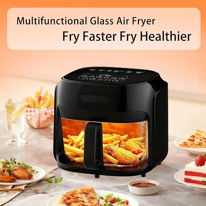 7.3QT Glass Air Fryer with See-Through Bowl, 360° Hot Air Circulation, 5 Presets, 1200W Fast Heating, Dishwasher Safe (Black)