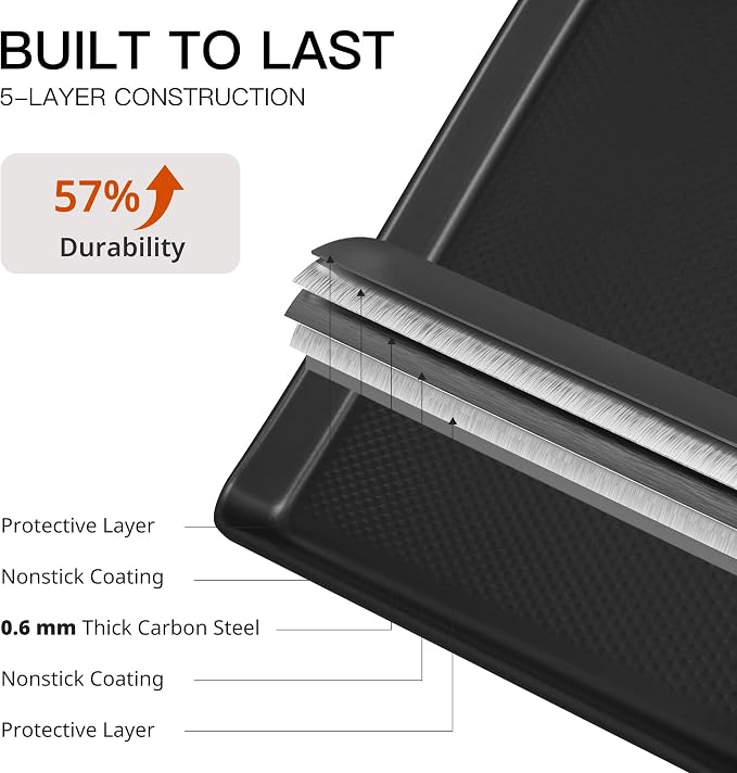 HONGBAKE 2 Pack Jelly Roll Pan Set 15x10, Cookie Sheets for Baking with Diamond Texture, Baking Sheets Non Stick, Non Toxic Oven Trays for Cooking, Heavy Duty 57% Thicker Carbon Steel, Dark Gray