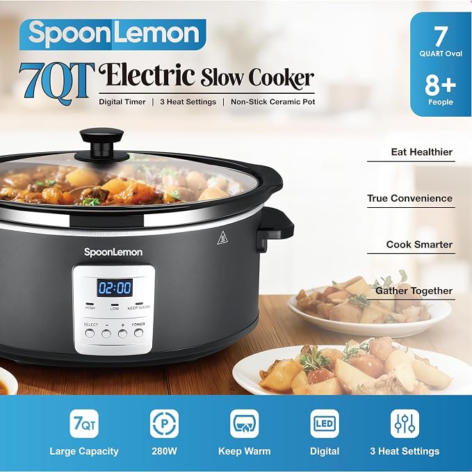 7QT Slow Cooker, Electric Programmable Cooker with 20H Timer & 3 Heat Settings, Oval Ceramic Pot — Ideal for Family Meals & Meal Prep, Compatible with 20 Count 13"x21" Cooking Liners
