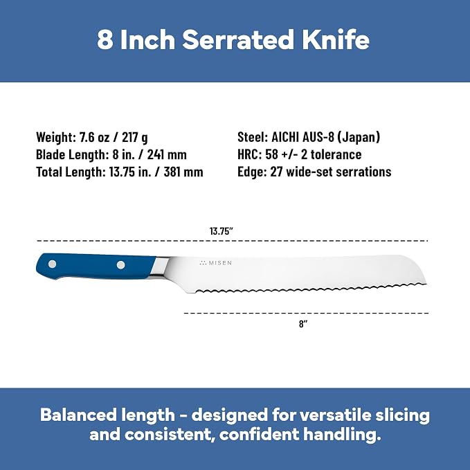 Misen Serrated Bread Knife - High-Carbon Japanese AUS8 Steel - Perfect for Soft Foods, Bread, Pastries, and Fruits - Verstatile Slicer, Razor-Sharp Edge, Durable Blade, Ergonomic Handle - 8", Blue