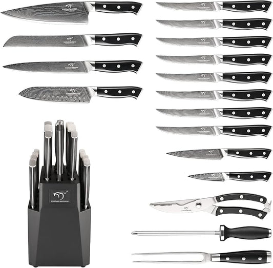 NANFANG BROTHERS 18-Piece Damascus Kitchen Knife Sets, 67-layer Japanese Damascus Steel Heat-Treated and Forged, ABS Ergonomic Handle, Ultra Sharp Chef Knife Block Set with Sharpener