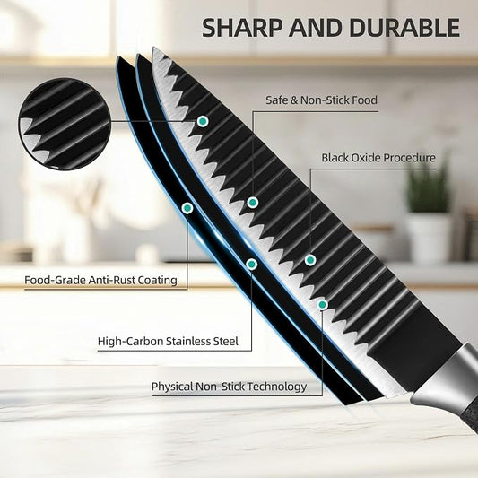 TJ POP 6-Piece Kitchen Knife Set, Non-Stick Coated Wavy-Grained Stainless Steel Blades, Non-Slip Ergonomic Handle, Lightweight Rustproof Sharp Chef's Knives for Home Cooking Restaurant Camping, Black