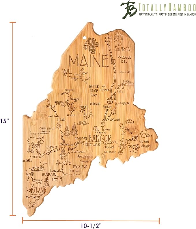 Totally Bamboo Destination Maine State Shaped Serving and Cutting Board, Includes Hang Tie for Wall Display