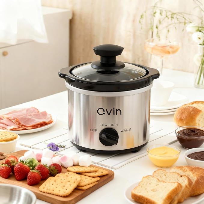 Qvin 0.65 Quart Mini Slow Cooker with Temperature Control, Stainless Steel and Black, Round Fondue Melting Pot with Glass Lid, Dishwasher Safe Stoneware