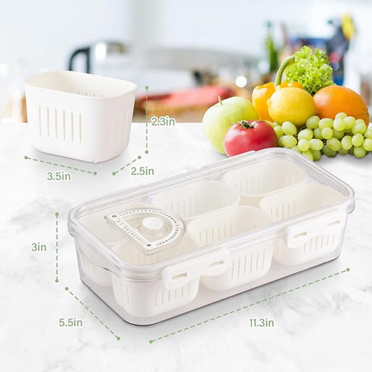 Divided Serving Tray with Lid - 2 Pack Fresh Keeper Fruit Storage Containers for Fridge Stackable Vegetable Saver for Refrigerator Airtight Snack Organizer Containers 6 Boxes