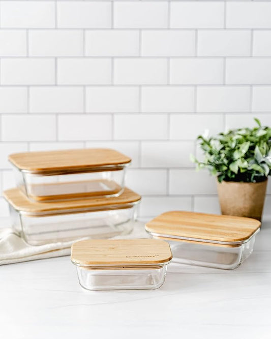 Bambooware Glass Containers with Lids | Non Plastic Glassware Set - Natural Raw Organic Wooden Bamboo Lids | Set of 4 | Reusable, BPA Free | Perfect for Meal Prep, Lunch, Leftovers, Kitchen