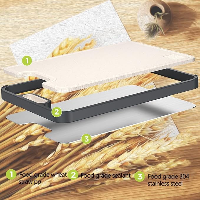 Stainless Steel Cutting Boards for Kitchen,304 Stainless and Wheat Straw PP Double Sided Cutting Board,Non slip Easy to Clean Kitchen Chopping Board,Dishwasher Safe(16 * 11 In)